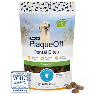 ProDen PlaqueOff Dental Bites, veggie formula for medium and large dogs. Claims: reduces plaque, prevents tartar, treats bad breath. VOHC accepted for plaque and tartar control.