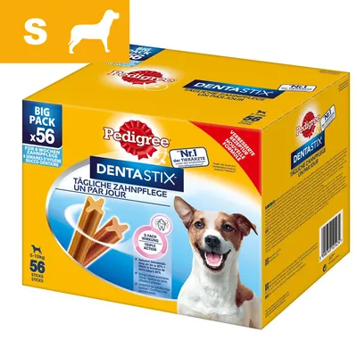 Pedigree Dentastix, 56 kpl, päivittäiseen hammashoitoon pienille koirille (5–10 kg). Pakkaus sisältää kuvan tuotteesta ja tiedot: BIG PACK x56, 3-fach Wirkung Triple Action.