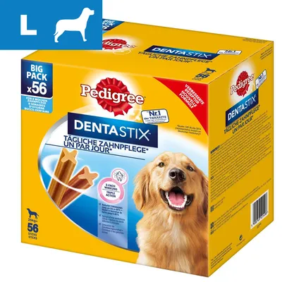 Pedigree DentaStix, 56 kpl isoille koirille (25 kg+), pakkaus. Teksti: Tägliche Zahnpflege, Big Pack x56, Nr.1 der Tierärzte, 3-fach Wirkung Triple Action.