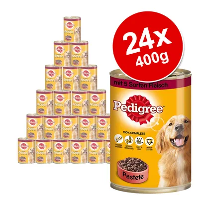 Pedigree Pastete dog food, 24 cans of 400g each. Yellow tins with red Pedigree branding, visible text: 'mit 5 Sorten Fleisch', '100% COMPLETE', icons and a photo of a golden dog. Pedigree Pastete dog food, 24 cans of 400g each. Yellow tins with red Pedigree branding, visible text: 'mit 5 Sorten Fleisch', '100% COMPLETE', icons and a photo of a golden dog.