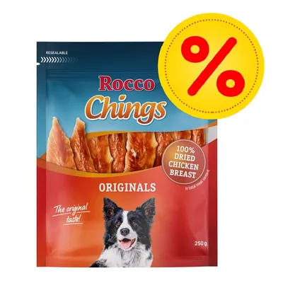 Rocco Chings Originals, 100% dried chicken breast, balení 250 g. Akční nabídka označená symbolem procenta.