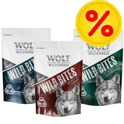 Wolf of Wilderness Wild Bites Grain Free Snack, tři varianty: The Taste of Canada, The Taste of the Mediterranean, žlutý symbol procenta v pravém horním rohu
