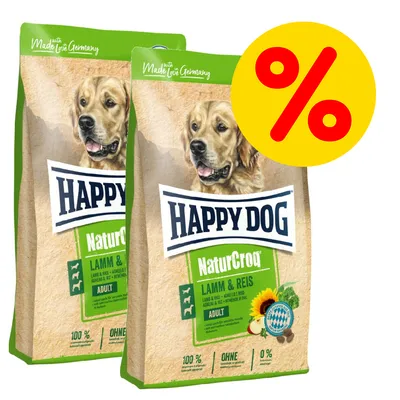 Due confezioni di crocchette Happy Dog NaturCroq Lamm & Reis Adult con simbolo percentuale rosso su sfondo giallo, offerta visibile sulla confezione.