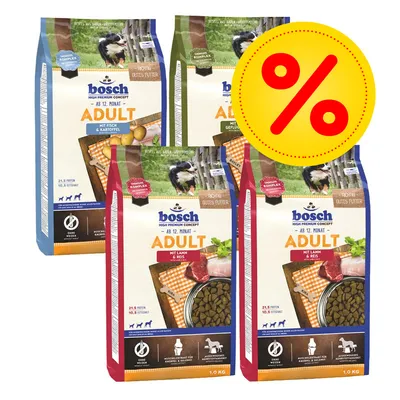 bosch HIGH PREMIUM CONCEPT ADULT, různé varianty: mit Lamm & Reis, mit Geflügel, mit Fisch & Kartoffel, balení 1 kg, žluté procento označuje akci nebo slevu