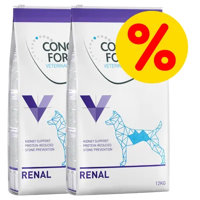 Due sacchi di crocchette Confor Veterinary Renal 12 kg per cani, testo visibile: Kidney support, Protein-reduced, Stone prevention. Simbolo percentuale rosso su sfondo giallo.