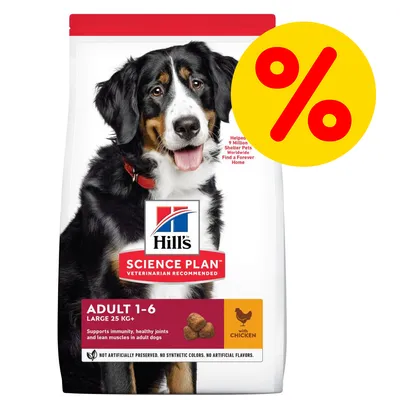 Hill's Science Plan Adult 1-6 Large 25 kg+ con pollo. Oferta indicada por símbolo de porcentaje en círculo amarillo. Texto visible solo en inglés.