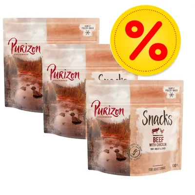 Lot de sachets Purizon Snacks bœuf avec poulet, 100 % viande et foie, pour chiens adultes, 100 g. Signe jaune avec symbole pourcentage rouge indiquant une offre ou promotion.