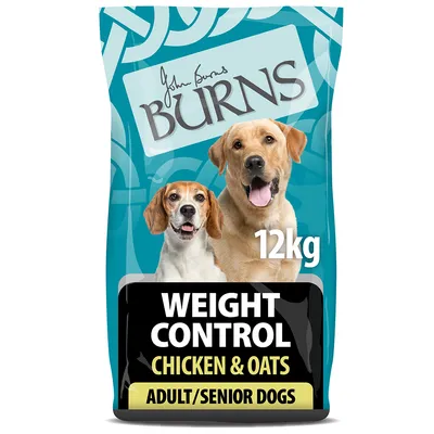 Sac de croquettes Burns Weight Control Chicken & Oats pour chiens adultes/seniors, 12 kg. Texte visible : WEIGHT CONTROL, CHICKEN & OATS, ADULT/SENIOR DOGS.