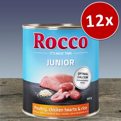 Rocco JUNIOR, 12×800 g, drůbeží, kuřecí srdce a rýže. Text: IT'S MEAT TIME, OPTIMAL CALCIUM TO PHOSPHORUS RATIO, Poultry, chicken hearts & rice.