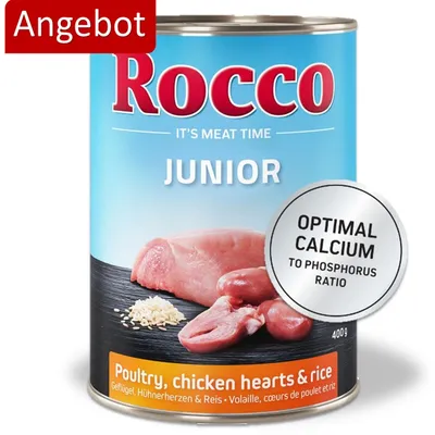 Rocco Junior Nassfutter, Geflügel, Hühnerherzen & Reis, 400g. Optimaler Calcium-Phosphor-Verhältnis. Angebot.