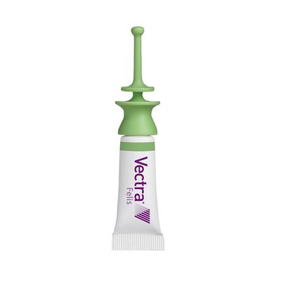 Pipeta con aplicador verde y texto visible: Vectra Felis. El envase es blanco con detalles en verde y morado.
