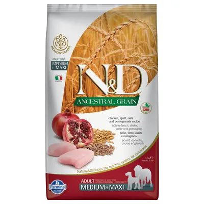 N&D Ancestral Grain Adult Dog Medium & Maxi. Ricetta con carne di pollo, farro, avena e melagrana. Senza OGM, formula italiana. Peso: 2,5 kg.