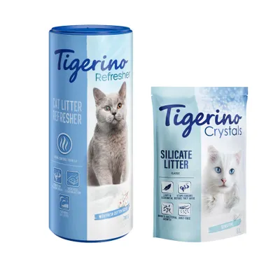 Tigerino Crystals alom + Tigerino Refresher - szagtalanító macskaalomhoz - Fresh (5 l) + Friss illatú Refresher (700 g)