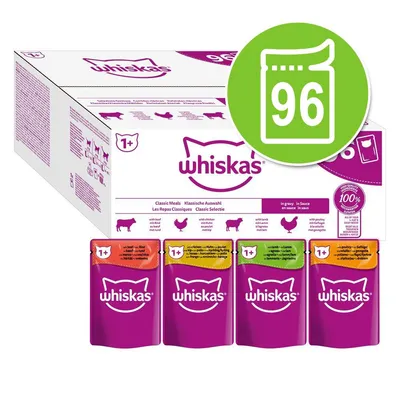 Whiskas 1+ macskaeledel válogatás, 96 tasakos csomag. Marha-, csirke-, bárány- és pulykahúsos változatok láthatók a dobozon és a tasakokon. Whiskas 1+ macskaeledel válogatás, 96 tasakos csomag. Marha-, csirke-, bárány- és pulykahúsos változatok láthatók a dobozon és a tasakokon.