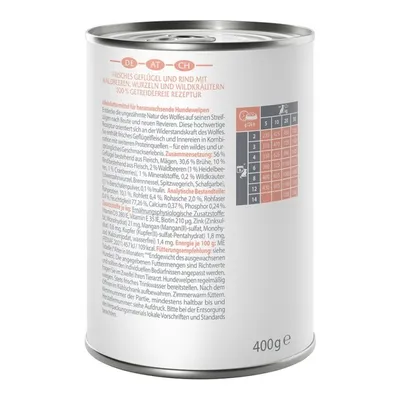 Conservă de 400g: carne proaspătă de pasăre și vită, fructe de pădure, rădăcini, ierburi sălbatice. Rețetă fără cereale pentru pui de câine. Compoziție, constituenți analitici și tabel de hrănire vizibile.