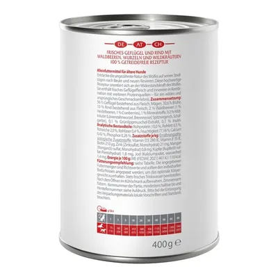 Conservă cu hrană completă pentru câini seniori. Carne proaspătă de pasăre și vită, fructe de pădure, rădăcini, ierburi sălbatice. Rețetă 100% fără cereale. Compoziție, constituenți analitici și recomandare de hrănire vizibile.