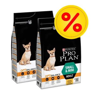Två påsar Purina Pro Plan OptiBalance Small & Mini Adult hundfoder med bild på liten hund och stor gul rabatt-symbol med röd procenttecken.