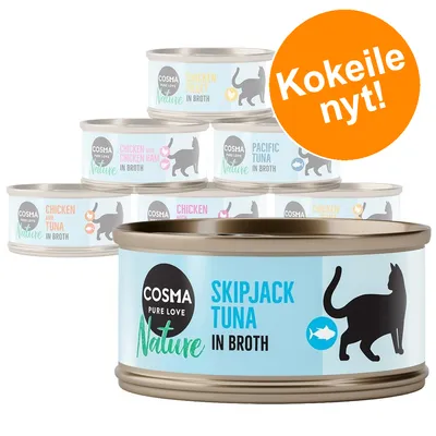 Cosma Nature -kissanruokapurkkeja: Skipjack Tuna, Chicken Fillet, Pacific Tuna, Chicken with Chicken Ham, Chicken and Tuna. Oranssi merkki: Kokeile nyt!