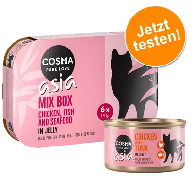 Cosma Asia Mix Box, 6x170g, Huhn, Fisch und Meeresfrüchte in Gelee. Jetzt testen! Dose mit Chicken with Tuna sichtbar.