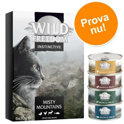 Wild Freedom Instinctive Misty Mountains 6x70g, fyra burkar Muscle Meat. Orange cirkel med texten: Prova nu!