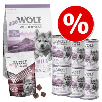 Startovací sada Little Wolf of Wilderness Junior Green Fields granule, Blue River konzervy, Green Fields pamlsky