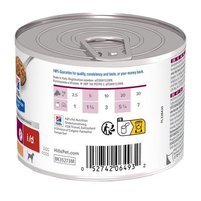 Tabela hranjenja za pse: 2,5 kg – 1 konzerva, 5 kg – 1 3/4, 10 kg – 3, 20 kg – 5 3/4, 30 kg – 7. Hill's Prescription Diet i/d Dog Food. BK35273M. Črtna koda: 052742064932.