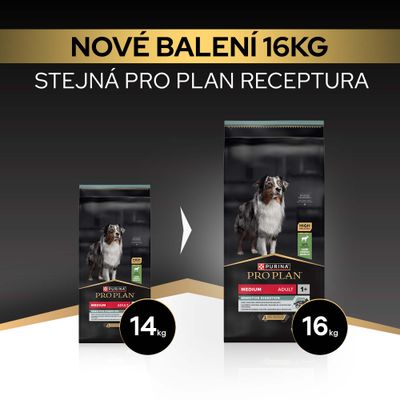 Purina Pro Plan Medium Adult Sensitive Digestion teraz v novom 16,kg balení, doteraz 14,kg. Receptúra zostáva nezmenená.