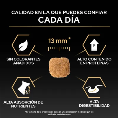 Tamaño de croqueta, 13 mm, sin colorantes, alto contenido de proteínas, alta absorción de nutrientes y alta digestibilidad. Calidad en la que puede confiar cada día. Tamaño de croqueta, 13 mm, sin colorantes, alto contenido de proteínas, alta absorción de nutrientes y alta digestibilidad. Calidad en la que puede confiar cada día.