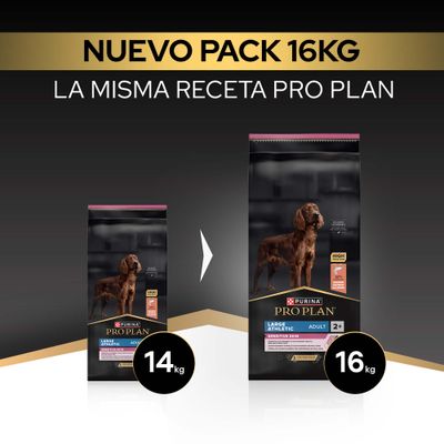 Purina Pro Plan Large Athletic Adult Sensitive Skin ahora en el nuevo paquete de 16 kg, antes 14 kg. Misma receta.