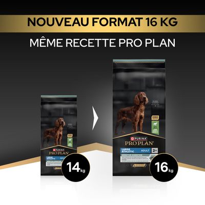 PURINA PRO PLAN Large Athletic Adulte Sensitive Digestion désormais au nouveau format 16 kg, même recette qu'auparavant, auparavant 14 kg.