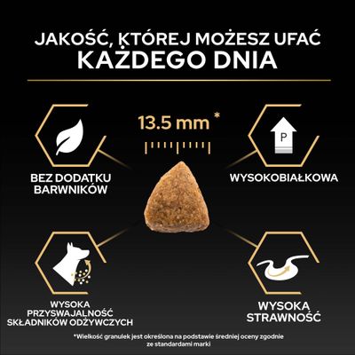 Kawałek suchej karmy o rozmiarze 13,5 mm. Bez barwników, wysoka zawartość białka, wysoka przyswajalność składników odżywczych oraz wysoka strawność zgodnie z opisem na zdjęciu.