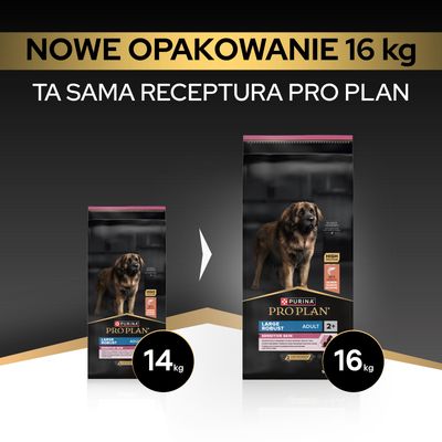 Purina Pro Plan Large Robust Adult Sensitive Skin, nowe opakowanie 16 kg zamiast 14 kg, ta sama receptura.
