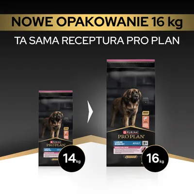Purina Pro Plan Large Robust Adult Sensitive Skin, nowe opakowanie 16 kg zamiast 14 kg, ta sama receptura.