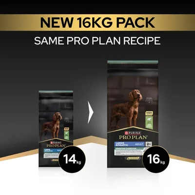 New 16,kg pack, same Pro Plan recipe. Product image shows the change from 14,kg to 16,kg Purina Pro Plan Large Athletic Adult Sensitive Digestion. New 16,kg pack, same Pro Plan recipe. Product image shows the change from 14,kg to 16,kg Purina Pro Plan Large Athletic Adult Sensitive Digestion.