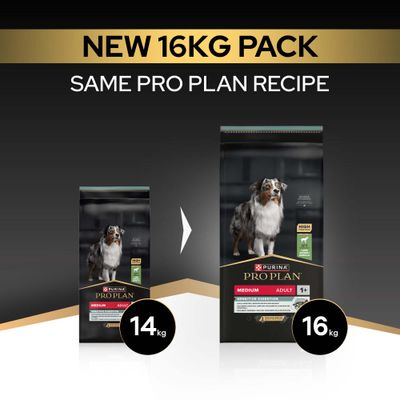 Purina Pro Plan Medium Adult Sensitive Digestion, nova embalaža 16 kg, enaka receptura kot prej, doslej 14 kg.