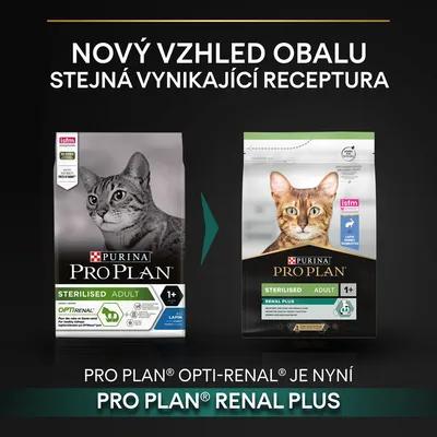 Porovnanie starého a nového obalu krmiva pre mačky Purina Pro Plan Sterilised Adult 1+, Opti-Renal je teraz Renal Plus. Text: Nový vzhled obalu, stejná vynikající receptura.