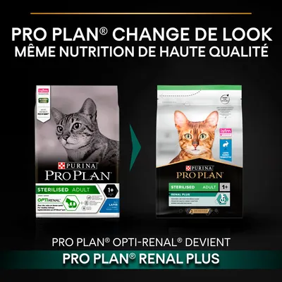 Changement de packaging : PURINA PRO PLAN Sterilised Adult 1+ Opti-Renal devient Renal Plus, même nutrition de haute qualité, visuels des deux paquets pour chat stérilisé.