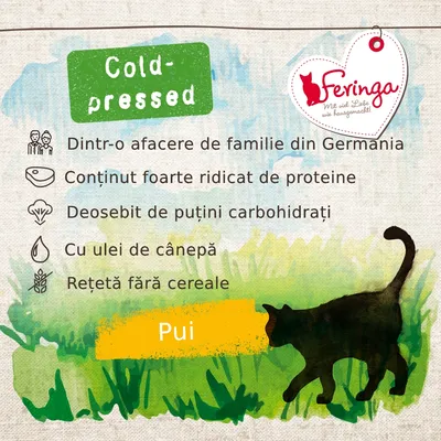 Feringa Cold-pressed. Dintr-o afacere de familie din Germania, conținut foarte ridicat de proteine, puțini carbohidrați, cu ulei de cânepă, rețetă fără cereale, Pui.