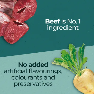 Tekst na engleskom: Beef is No. 1 ingredient. No added artificial flavourings, colourants and preservatives. Prikaz sirovog mesa i korjenastog povrća.
