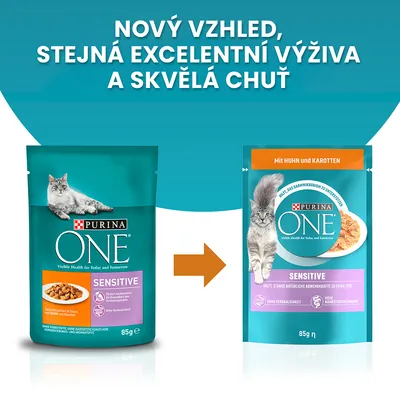 Porovnanie starého a nového balenia PURINA ONE Sensitive 85 g pre mačky. Text hore v češtine: Nový vzhled, stejná excelentní výživa a skvělá chuť.