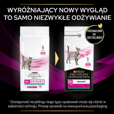 Porównanie starego i nowego opakowania Purina Pro Plan Veterinary Diets UR Urinary dla kotów. Nowe opakowanie z informacją: przeznaczone do recyklingu.