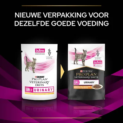 Nieuwe verpakking voor Purina Pro Plan Veterinary Diets UR St/Ox Urinary kattenvoer, beide verpakkingen met ISFM-logo en afbeelding van kat zichtbaar.