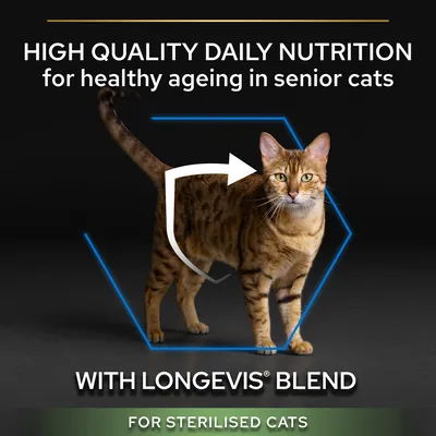 HIGH QUALITY DAILY NUTRITION for healthy ageing in senior cats. WITH LONGEVIS BLEND. FOR STERILISED CATS. Tekst på engelsk, billede af kat med pil og blå sekskant.