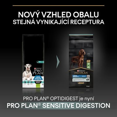 Zmena obalu krmiva pre psov: Purina Pro Plan Large Athletic Adult Optidigest mení názov na Pro Plan Sensitive Digestion. Text v češtine a angličtine.