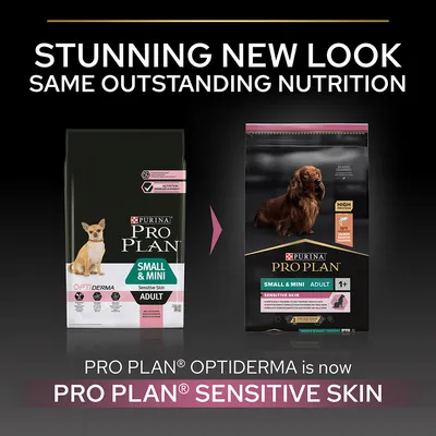 Purina Pro Plan Small & Mini Adult Sensitive Skin hundfoder, tidigare Optiderma, nu med nytt utseende. Text: Stunning new look, same outstanding nutrition. Pro Plan Sensitive Skin.