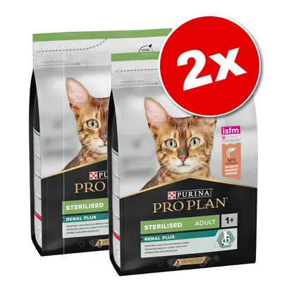 Lot de 2 sacs Purina Pro Plan Sterilised Renal Plus Adult 1+ pour chat, ingrédient principal saumon, label ISFM visible, mention maintien fonction rénale saine.