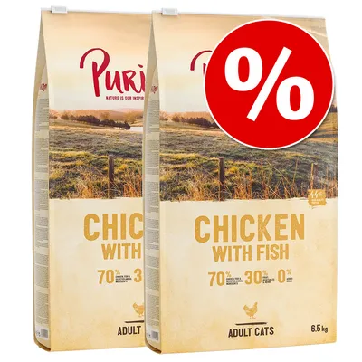 Purizon Chicken with Fish Adult Cats 6,5 kg macskaeledel csomag, 70% csirke és hal, 30% zöldség, 0% gabona, akciós százalékjelzéssel a képen