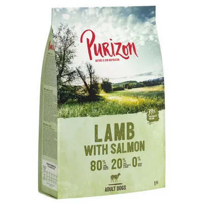 Purizon Adult Dogs tørfoder, lam med laks, 80% kød, 20% grøntsager og urter, 0% korn, 39% højkvalitetsprotein. Pakningsstørrelse: 1 kg.
