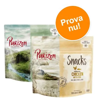 Purizon Snacks Chicken with Fish, 100 g. Text: Prova nu! För vuxna hundar. 100 % kött, fisk & lever. Gently freeze-dried. Purizon Snacks Chicken with Fish, 100 g. Text: Prova nu! För vuxna hundar. 100 % kött, fisk & lever. Gently freeze-dried.