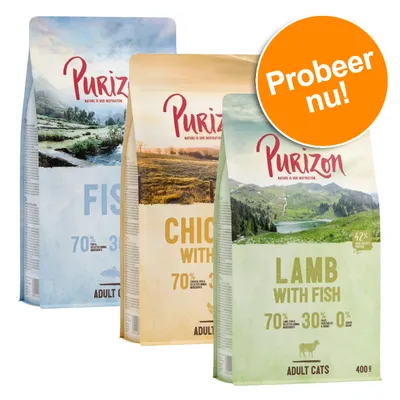 Purizon Adult Cats droogvoer: Fish, Chicken with Fish, Lamb with Fish. 70% dierlijke ingrediënten, 30% fruit & groente, 0% granen. Probeer nu! Zak van 400 g zichtbaar. Purizon Adult Cats droogvoer: Fish, Chicken with Fish, Lamb with Fish. 70% dierlijke ingrediënten, 30% fruit & groente, 0% granen. Probeer nu! Zak van 400 g zichtbaar.